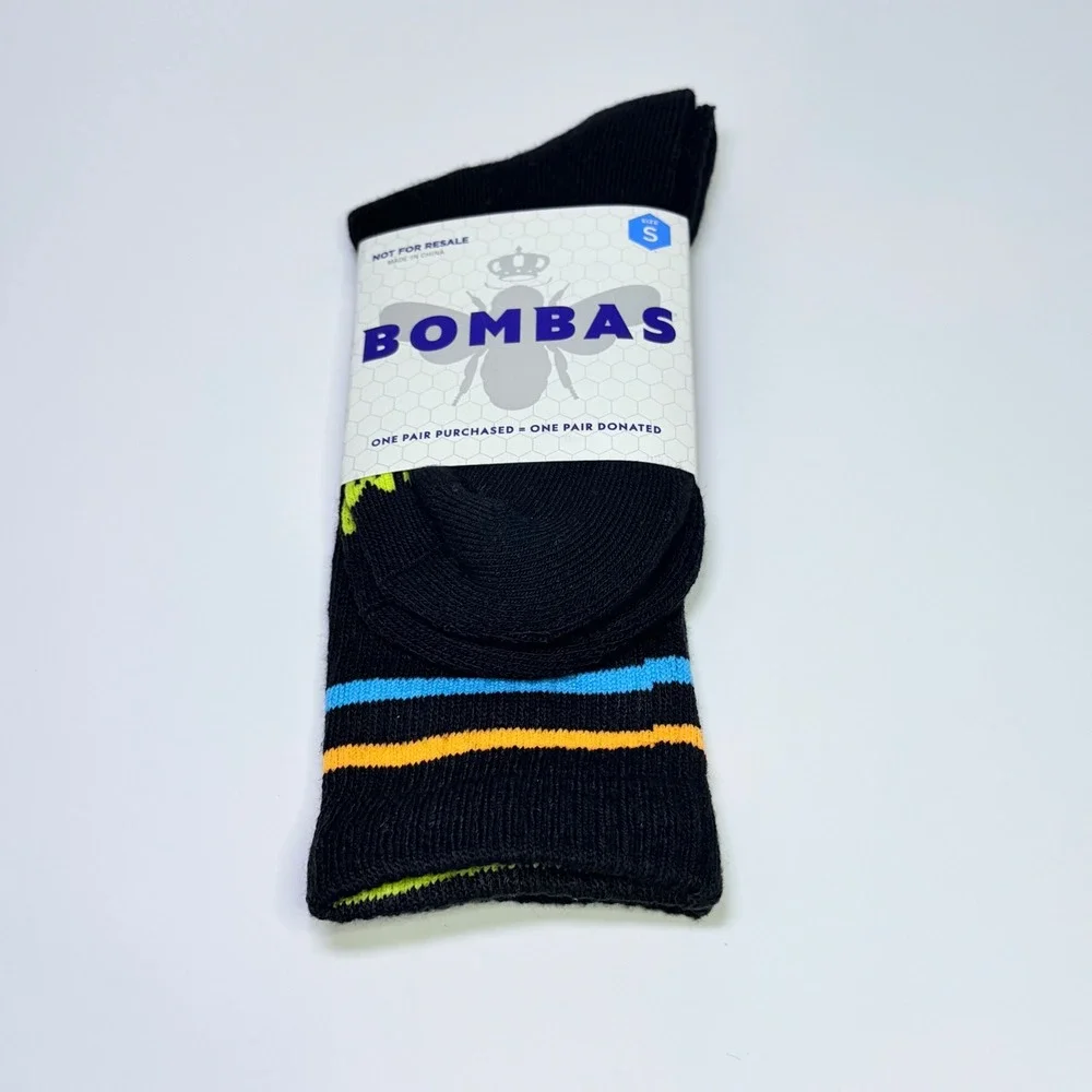 Bombas Kids Small 4 Pair Pack Black Crew Socks Blue Orange Lime Stripe New‎